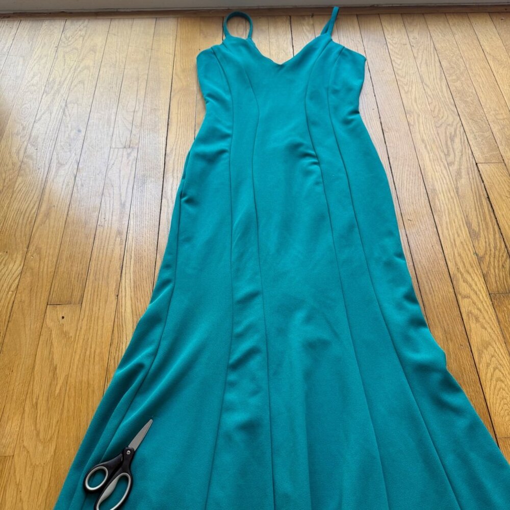 Vintage Y2K Jump Apparel Size 3/4 Teal Green V-Neck Seamed Mermaid Evening Gown - Picture 8 of 16